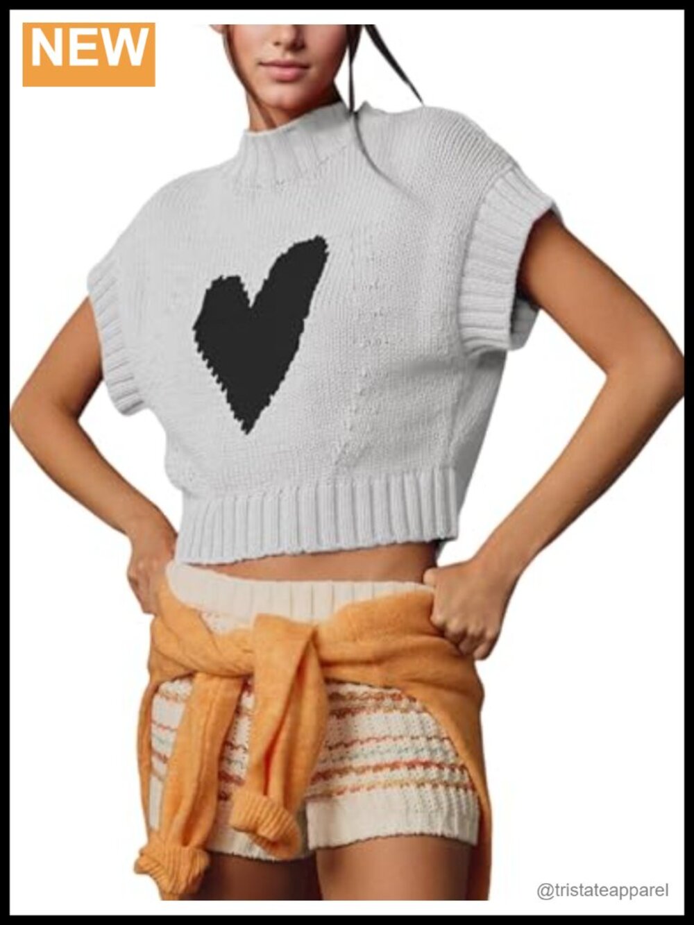 100% Cotton Mock Neck Sweater Vest Cap Sleeve Heart Crop Knit Pullover Tank Top